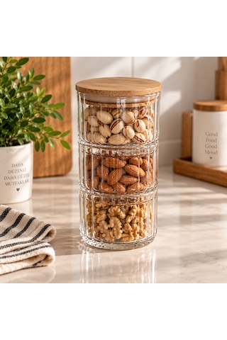 Bambu Kapaklı 3 Katlı Cam Saklama Kabı Seti 3x260 Ml