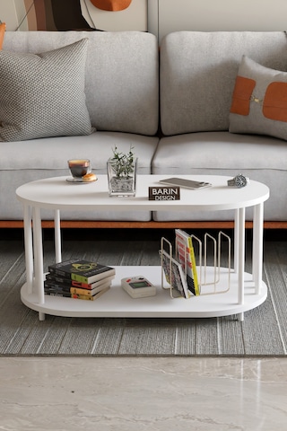 Modern Oval Orta Sehpa Çift Katlı Metal Ayaklı Salon, Ofis, Dekoratif Sehpa, Beyaz Demir Beyaz