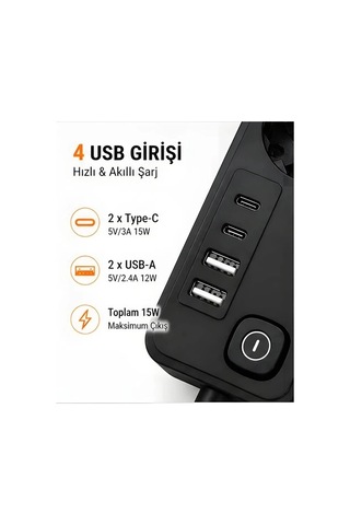 Akım Korumalı 5 Li Priz 2xusb 2xtype-c Çıkış Akım Koruma Çoklu Priz Çoğaltıcı Anahtarlı Ftr-31 Siyah 0