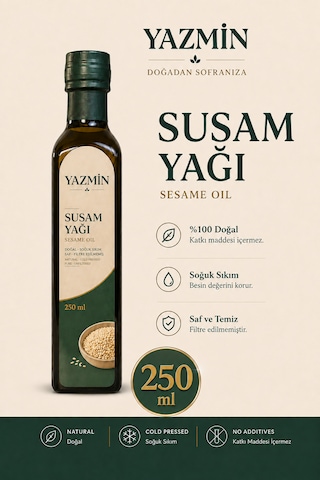 Yazmin Susam Yağı 250 Ml Cam Şişe Soğuk Sıkım %100 Doğal Saf Susam Yağı