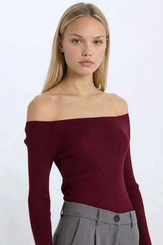 Defacto Fitted Açık Omuz Basic Düz Bordo Triko Kazak E0314AX24WNBR115 Bordo