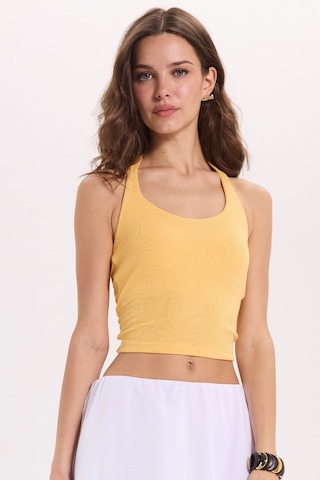 Tudors Kadın Slim Fit Dar Kesim Pamuklu Halter Yaka Kaşkorse Sarı Crop-50708