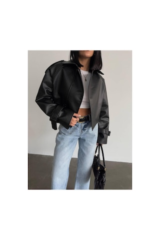 Almira Yeni Sezon Oversize Bomber Kadın Deri Ceket Siyah Siyah