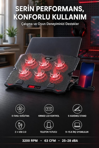 Uptech Laptop Soğutucu 6 Fanlı Lcd Kontrol Panel Ayarlanabilir Dizüstü Bilgisayar Soğutma Fanı