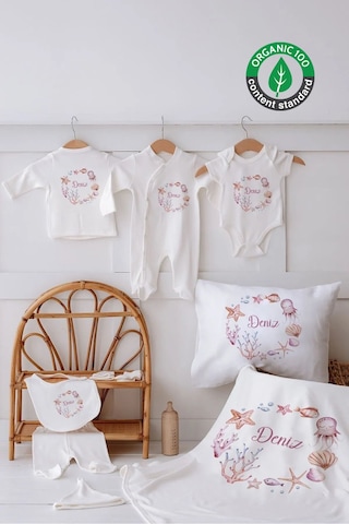 Lilabio %100 Organik Isme Özel Isimli 10lu Hastane Çıkışı Deniz Kabuğu Ekru