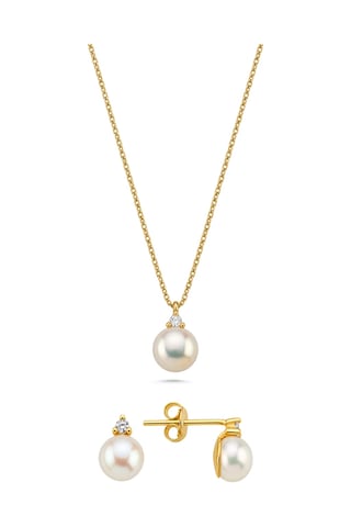 Doğal İnci 0,15 Karat Pırlantalı Küpe Kolye İkili Set - 40 Cm / Sarı