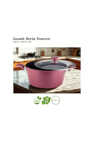 28 Cm Granit Derin Tencere Cam Kapak - Mürdüm Mürdüm