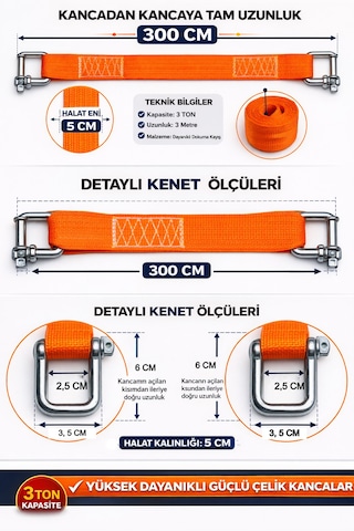 Mdstech 3 Ton Çeki Halatı 3 Metre Araç Çekme Ve Yük Kaldırma Halatı Kancalı Dayanıklı