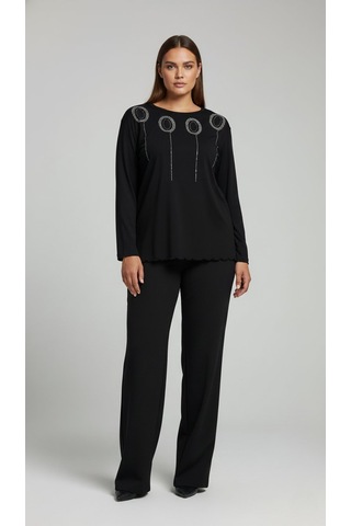 Taş Desenli Uzun Kollu Bambu Viskon Kumaş Bluz Siyah