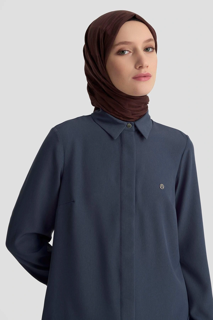 Armine Trend Gizli Düğmeli Kol Detaylı Gömlek Yakalı Tunik İndigo 25yt4158 Indigo