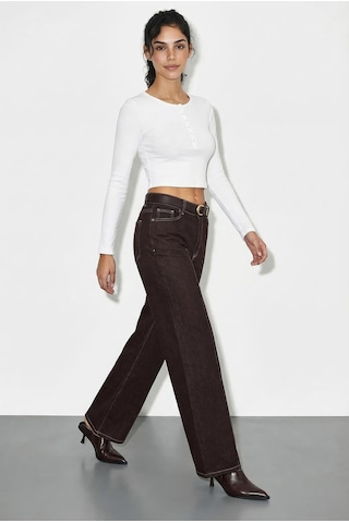 Shade Kadın Kemerli Likralı Geniş Paça Denim Pantolon 3289 60286059 - Acı Kahve Acı Kahverengi