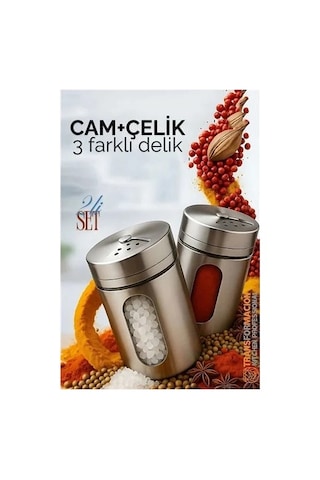 Cam+çelik Tuzluk Biberlik Karabiberlik 3 Farklı Delikli 2 Li Set 721944 Diğer