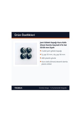 Trobus Jant Göbek Kapağı Kuru Kafa Ghost Damla Geçmeli 4'lü Set 55/58 Mm Siyah