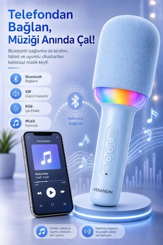 Exenar - Mavi - Kablosuz Bluetooth Karaoke Mikrofonu 5w Rgb Işıklı Taşınabilir Kablosuz Mikrofon Şarjlı 1200 Mah