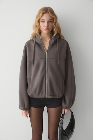 ETHIQUET VA IT Kadın Çift Cepli Eteği Ve Kol Ucu astikli Fermuarlı Oversize Gri Sweatshirt