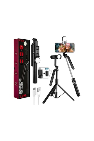 R16x 170cm Selfie Stick Led Işıklı Bluetooth Uzaktan Kumandalı 360 Derece Kullanım Tutma Kollu Telefon Ve Kamera Uyumlu Tripod Özçekim Çubuğu