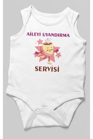 Aileyi Uyandırma Servisi Baskılı Bebek Zıbını Çıtçıtlı Body %100 Pamuk Sıfır Kol Beyaz