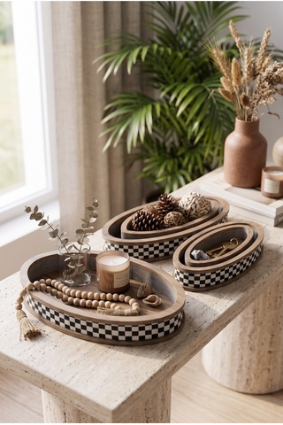 4 Adet Modern Pötikare Damalı Ahşap Oval Sunum Organizer Tepsi Seti Diğer