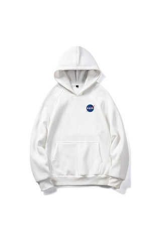 Nasa Logo Sweatshirt - Beyaz Baskılı Oversize Kışlık Kalın Kapüşonlu Beyaz