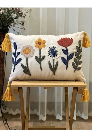 Tekli Punch İşlemeli Çiçekli Flowers Pançlı Nakışlı Dekoratif Kırlent Kılıfı 35x50 Sarı