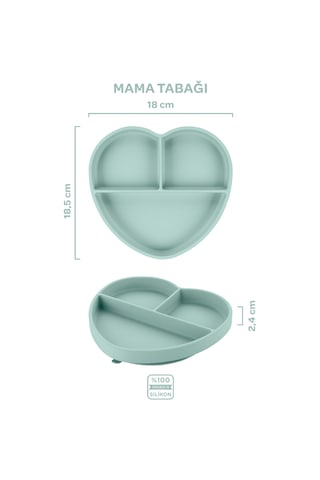 Silikon Beslenme Seti 3'lü Spring Yeşil / Mama Tabağı, Bambu Saplı Mama Kaşığı Ve Çatalı