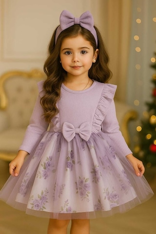 Kız Çocuk Lila Mor Çiçekli Uzun Kollu Tütü Özel Gün Hediye Doğum Günü Abiye Prenses Şık Elbise Mor