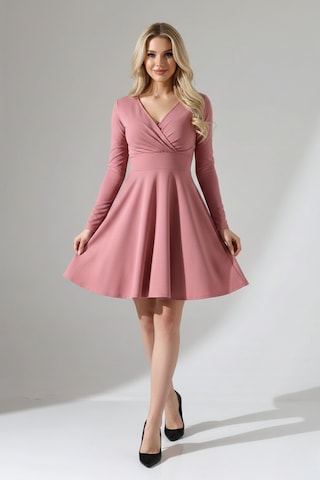 Defymoda Kadın Uzun Kollu Zarif Kloş Elbise Pembe