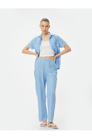 Koton Pamuklu Pijama Altı Düz Paça Beli Lastikli Nakışlı Mavi 4slk50037mw Mavi