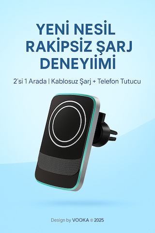15w Magsafe Uyumlu Kablosuz Araç İçi Şarj Ve Telefon Tutucu 2'si 1 Arada, Hızlı Şarj, Izgara Tipi Siyah