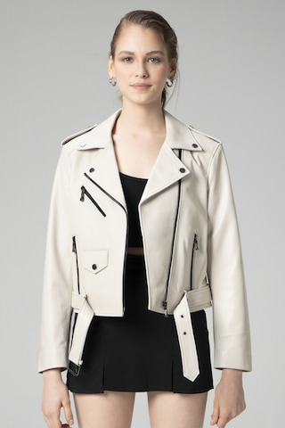 Dericlub Wm021 Gerçek Deri Biker Kadın Deri Mont Bej Null Bej