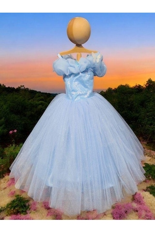 Kız Çocuk Prenses Yaka Kelebek İşlemeli Pullu Tarlatanlı Abiye Elbise-15464 Mavi