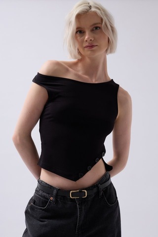 Soonaksesuar Kayık Yaka Yırtmaç Detay Bluz Siyah