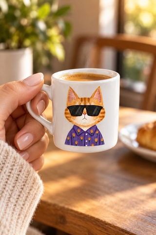 Havalı Kedi Desenli 6'lı 12 Parça Kahve Fincanı Seti - Hediye Porselen Kahve Fincanı Seti Cat White