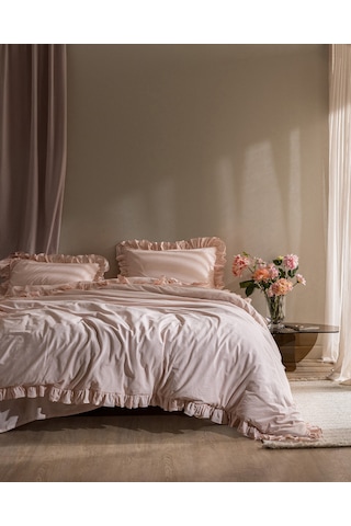 Madame Coco Obernai Çift Kişilik %100 Pamuk Fırfırlı Düz Yıkamalı Nevresim Takımı - Pudra 8684427302262 Pudra