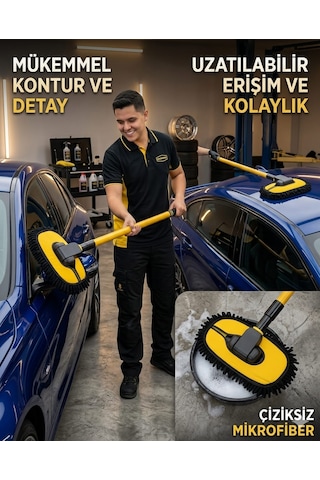 Teleskopik Saplı Uzayan Egimli Dönebilen Mikrofiber Başlıklı Araç Yıkama Fırçası Mop Sarı Uzayıp Kısalan Sap 50 - 110 Cm Premium Şönil Araç Yıkama Mopu