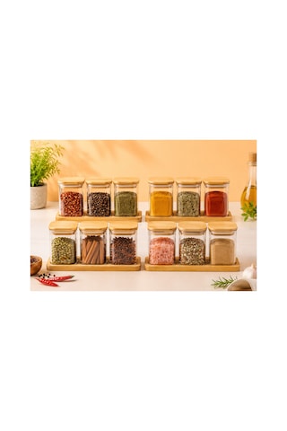 12'li Bambu Vakum Kapaklı Borosilikat Cam Baharatlık Bambu Altlıklı 250 Ml Diğer