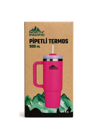 North Pacific 900 Ml Pipetli Paslanmaz Çelik Termos Bardak Pembe Çift Katmanlı Vakumlu Seyahat Kupası Pembe
