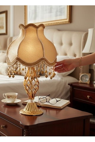 Gold İpek Kadife Kaplı İnci Şerit Süsleme Gece Lambası Abajur Vintage Model 55x30cm Ab0004p Gold