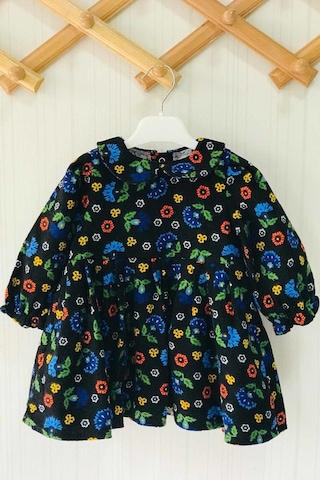 Çiçekli Siyah Kız Çocuk Bebek Pazen Kışlık Elbise 001