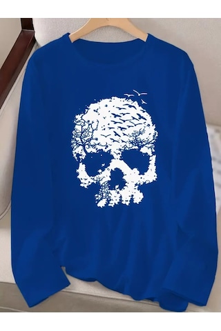 Ahes Shopping Kadın Uzun Kollu Bisiklet Yaka Ayçiçeği Desenli Viskon Bluz Mavi