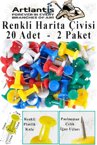 Harita Çivisi Renkli 20 Li 2 Adet Renkli Plastik Mantar Pano Raptiyesi Pano İğnesi Ofis Okul Büro Renkli Harita Çivisi