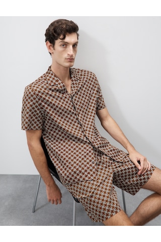 Marks & Spencer Pamuk Karışımlı Geometrik Desenli Pijama Üstü Kahverengi