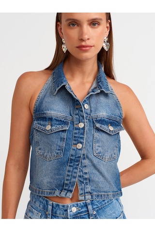 Dilvin Arkası Açık Yakalı Denim Yelek-mavi Mavi
