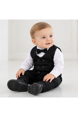 Maxx Kleın Erkek Bebek Siyah Yelekli Takım Elbise Gömlek Papyon Pantolon 6-9-12-18-24 Ay