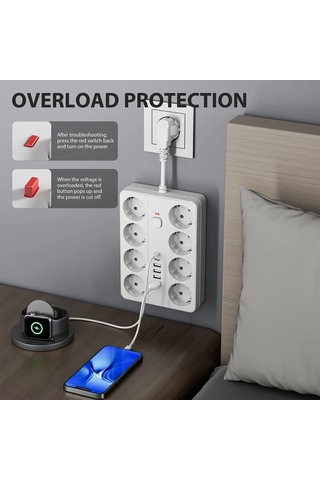 Honeybeeshop 1 Adet 14ü 1 Arada Şarj Koruma Güç Şeridi Kısa Kablo 8 Ac Çıkış 4 Usb A 2 Type C Ev Ofis Seyahat Bilgisayar İçin Siyah