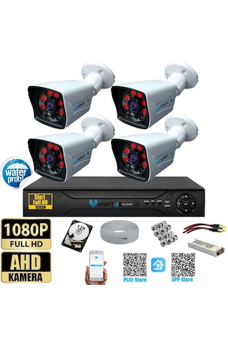 4 Kameralı 1 Tb Hdd 5mp Lensli 1080p Fullhd Kamera Seti - Su Gecirmez- Sabit İp Gerektirmez