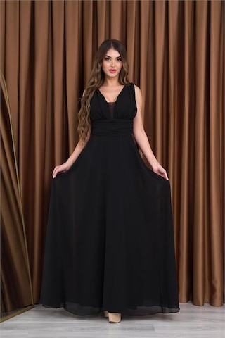 Dip Moda Kadın Siyah V-yaka Şifon Abiye Elbise Dpnb2027 Siyah