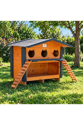 Ahşap 3 Yuvalı Mamalıklı Kedi Evi Dış Mekan