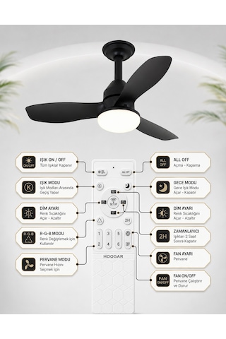 German New Black Super Fan 60 Cm Kalın Kanat Dim Ayarlı Tavan Vantilatörü Rgb Led 16 Renk Sessiz Sinek Kovar