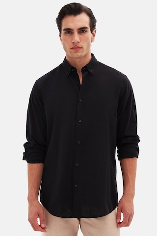 D'S Damat Ds Damat Comfort Siyah Düğmeli Yaka Rahat Kesim Keten Görünümlü %100 Pamuk Gömlek 2HC02ORT64265 Siyah
